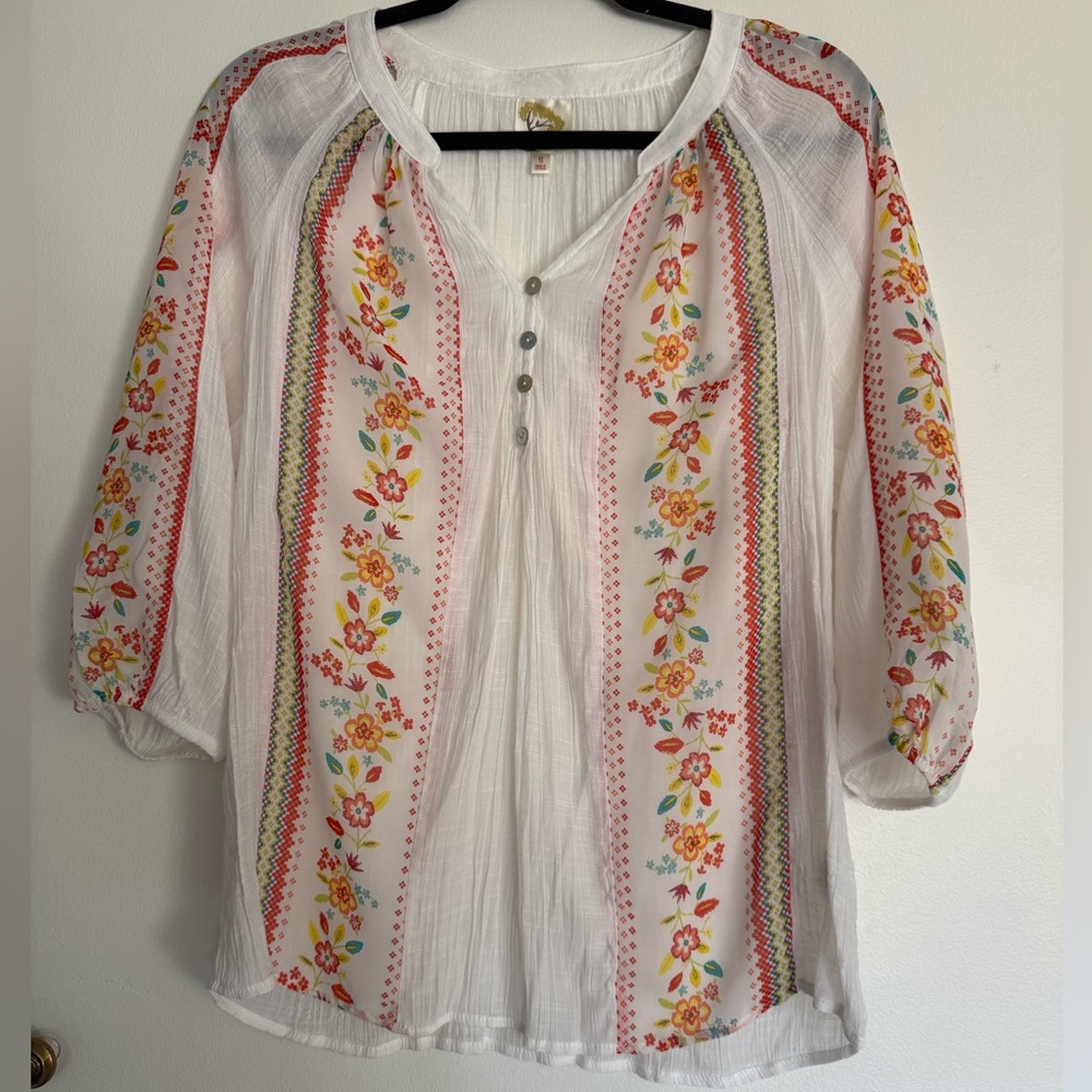 FIG & FLOWER Beautiful White Boho Flower Top Women’s Small